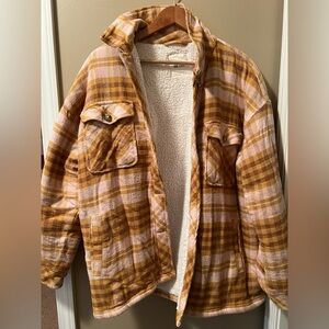 Aerie Women's Plaid Teddy Jacket in Brown and Cream